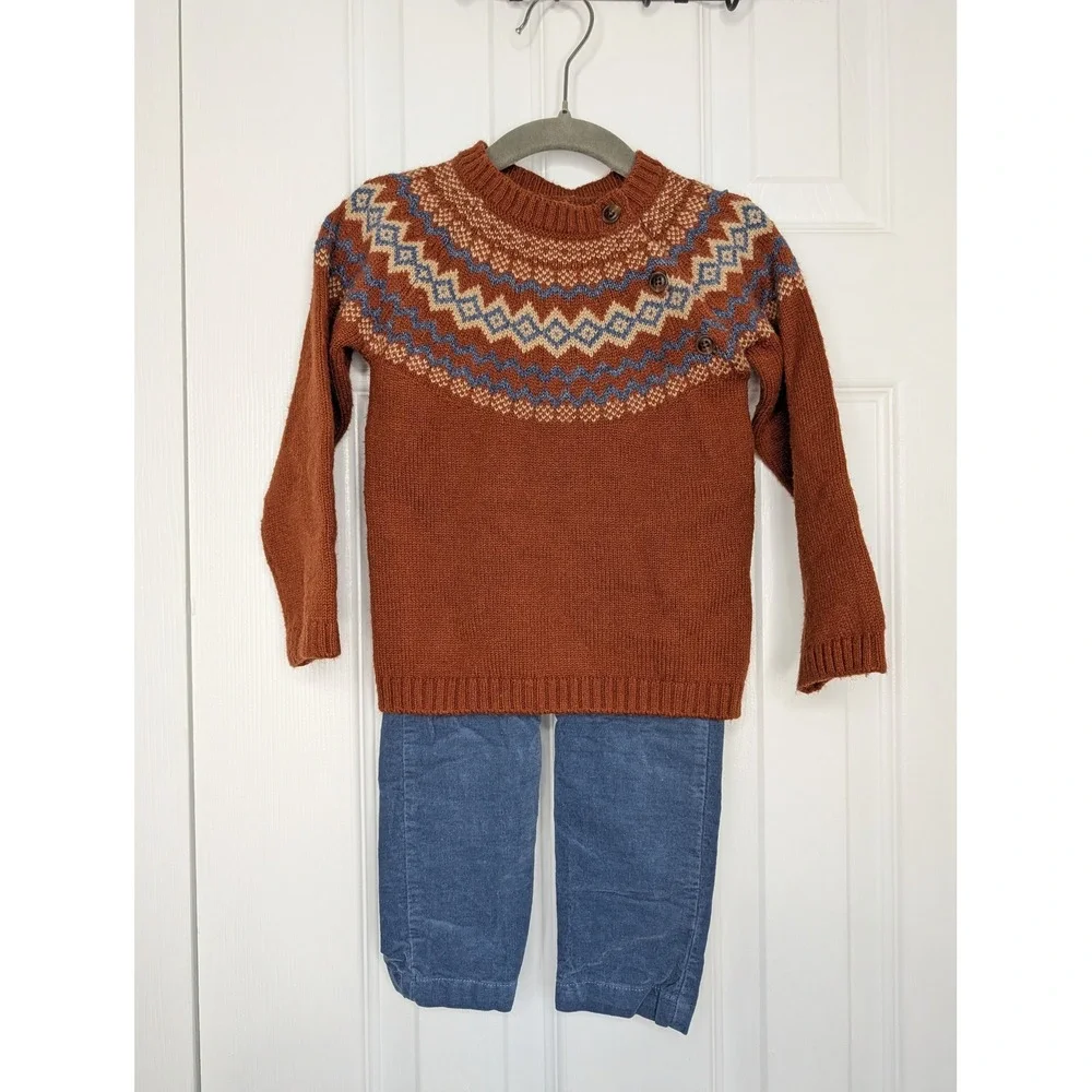 Edgehill Collection Kids 24M Fair Isle Sweater and Corduroy Pants Set Rust Blue